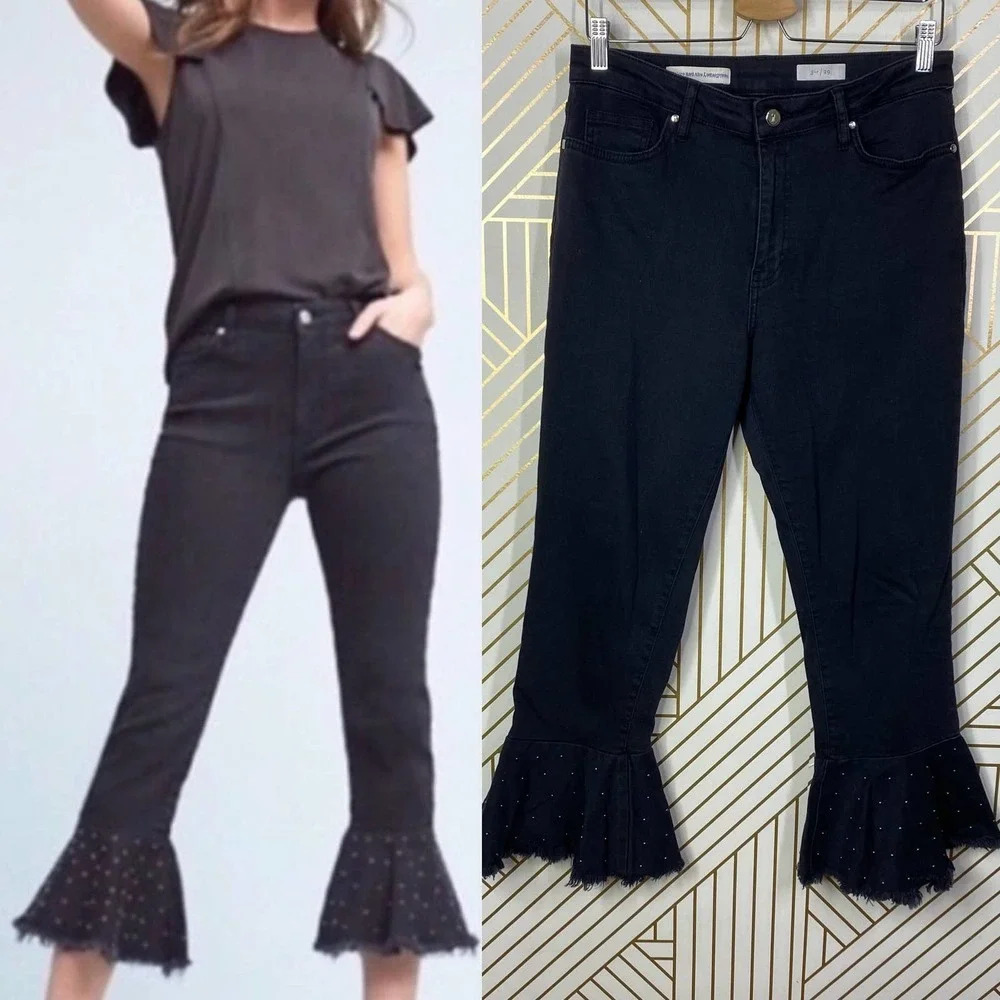 Anthropologie Jeans Pilcro High Rise Crop Flare Studded Denim Black‎ Size 29